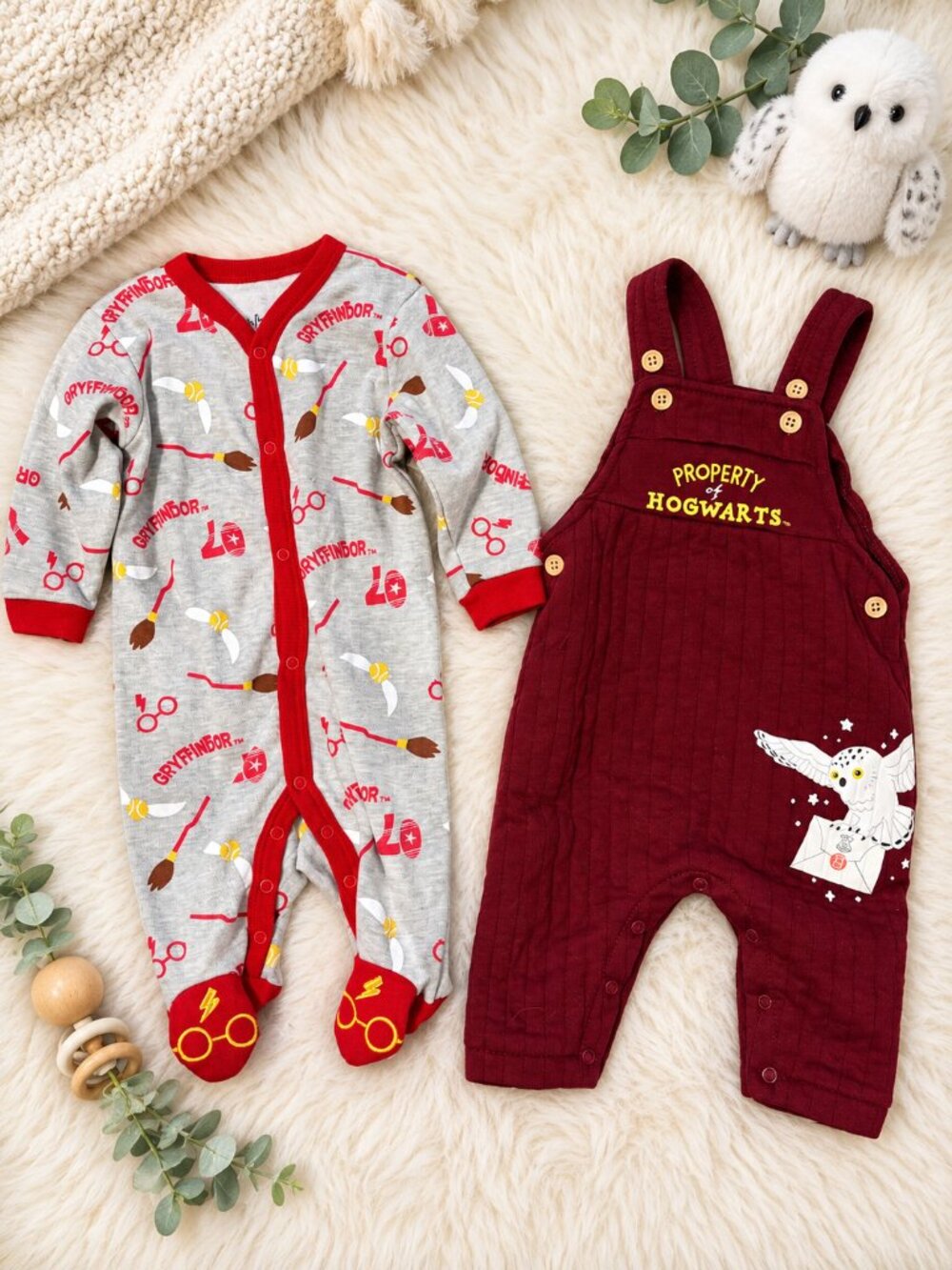 Harry Potter Baby 0-3 & 3-6M Gryffindor Hogwarts Romper Sleeper 2 Piece Lot